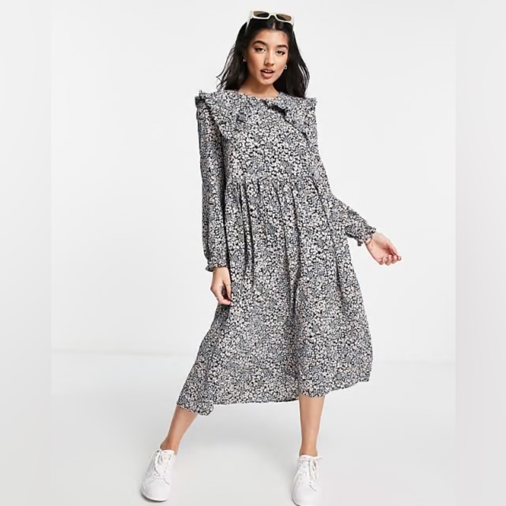 ASOS Black and White Floral Ruffle-Collar Midi Dress